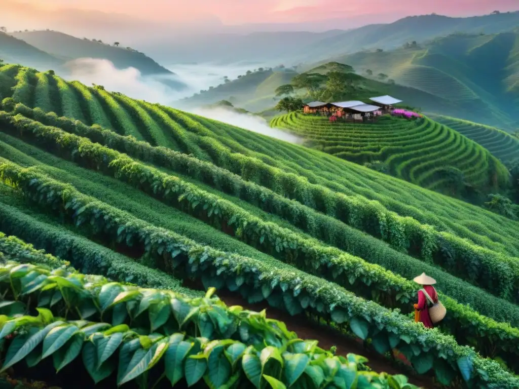 Un amanecer en una plantación de café, donde los caficultores inspeccionan las cerezas