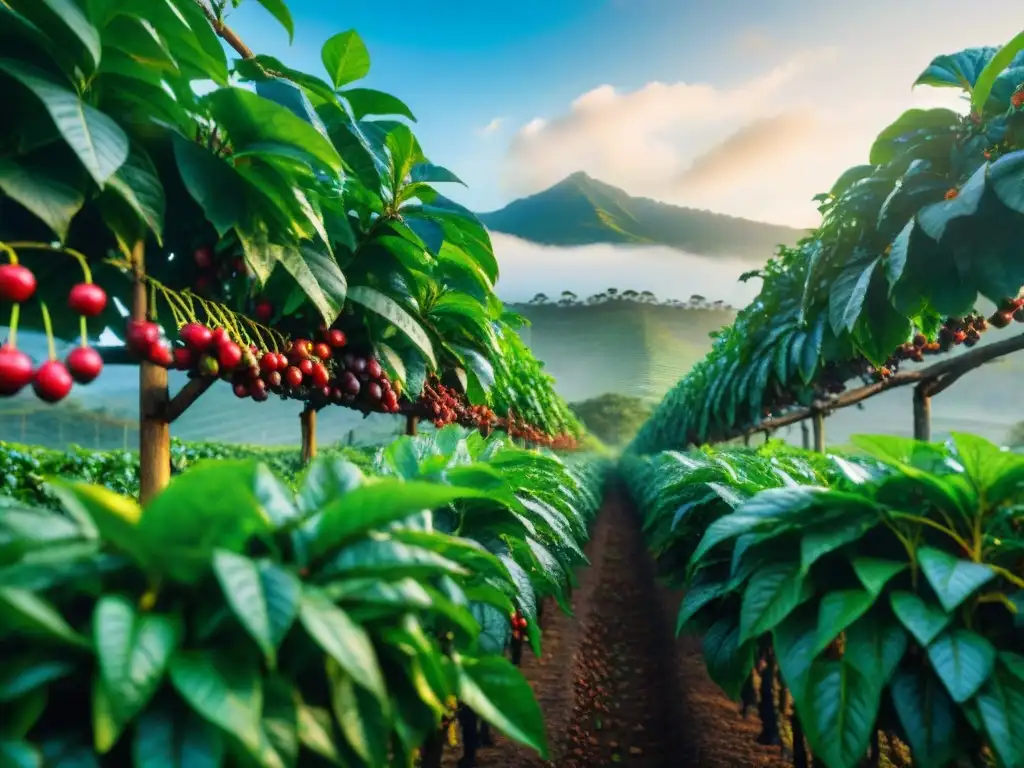 Un amanecer en una plantación de café exuberante, frescura en granos enteros molidos gourmet