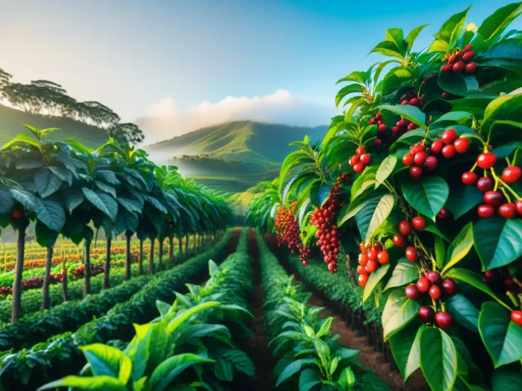 Un amanecer en una plantación de café especialidad, con un agricultor recolectando cerezas rojas, destaca el proceso artesanal del café