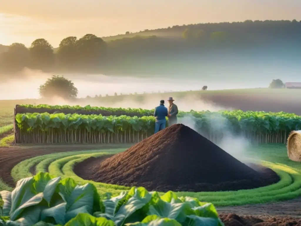 Un amanecer sereno en una granja con campos verdes, compostaje efectivo con granjas locales