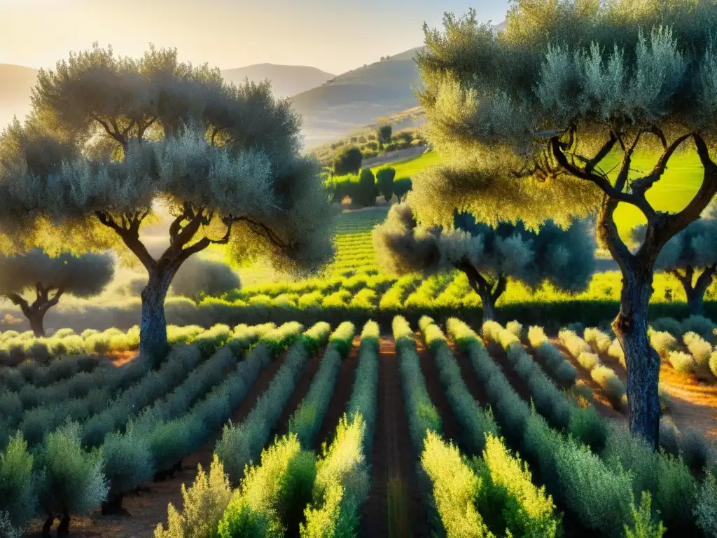 Un amanecer sereno en un olivar con aceitunas maduras brillantes y hojas detalladas