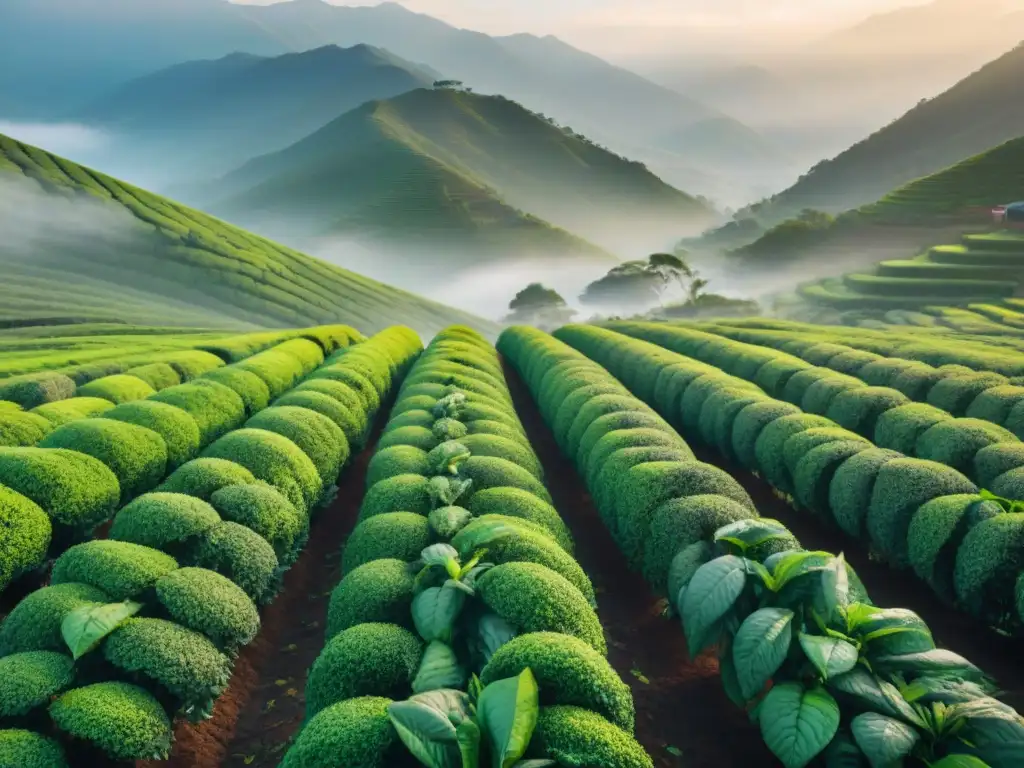 Un amanecer sereno en una plantación de té, con arbustos verdes brillantes y montañas brumosas de fondo