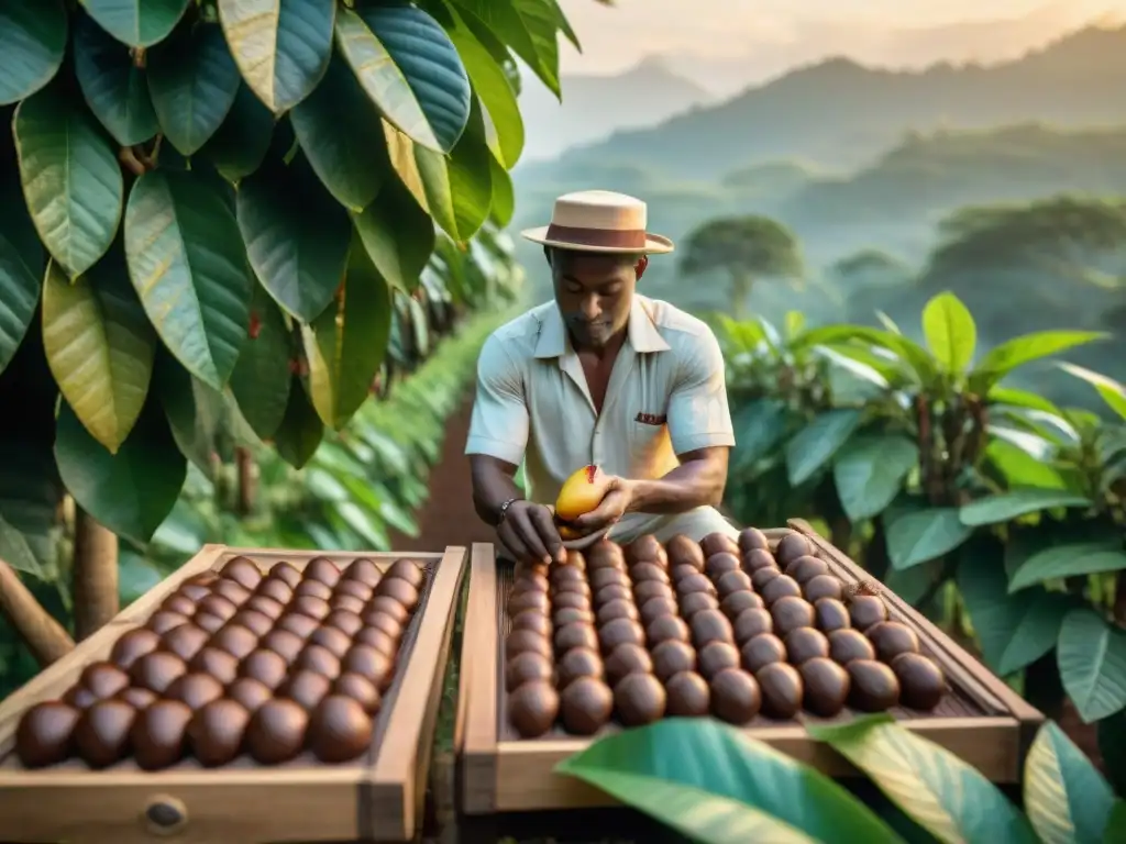 Un amanecer sereno en una plantación de cacao, con árboles cargados de vainas brillantes