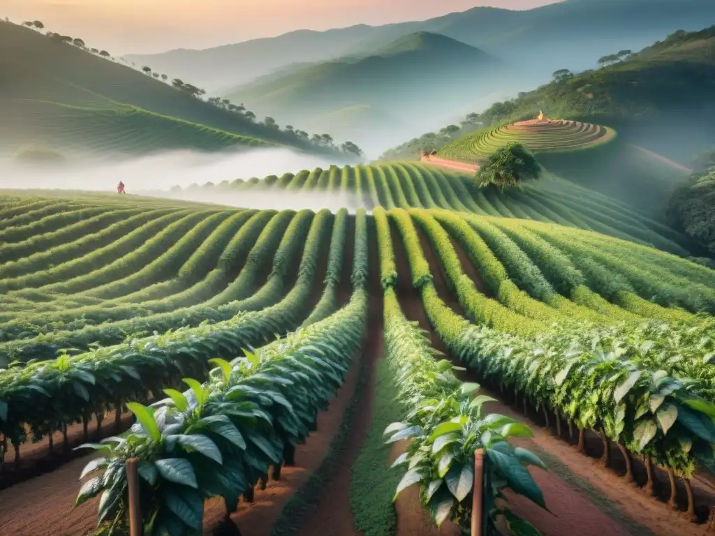 Un amanecer sereno en una plantación de café, donde un caficultor inspecciona una cereza madura