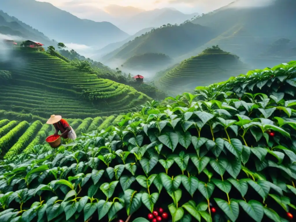 Un amanecer sereno en una plantación de café, con trabajadores recolectando granos a mano