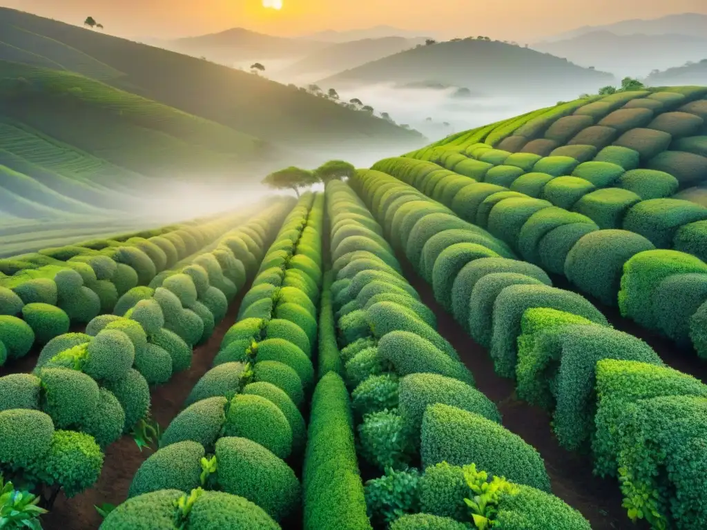 Un amanecer sereno en una plantación de té, con cosechadores expertos y exuberantes arbustos verdes