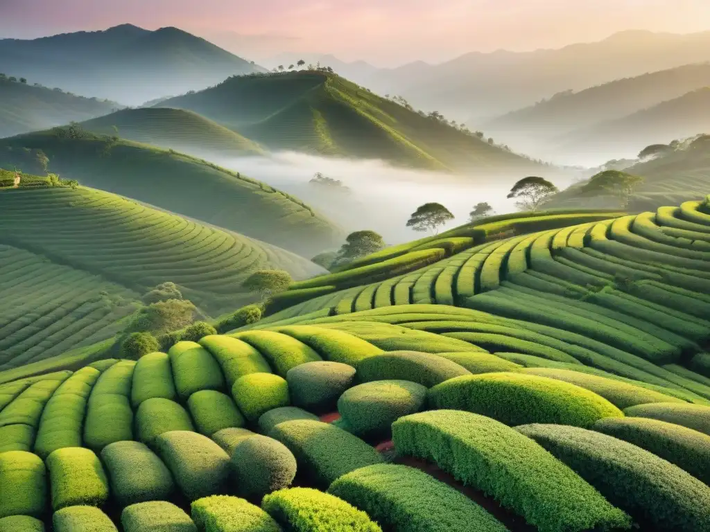 Un amanecer sereno en una plantación de té, con filas de arbustos verdes bajo un cielo rosa y dorado