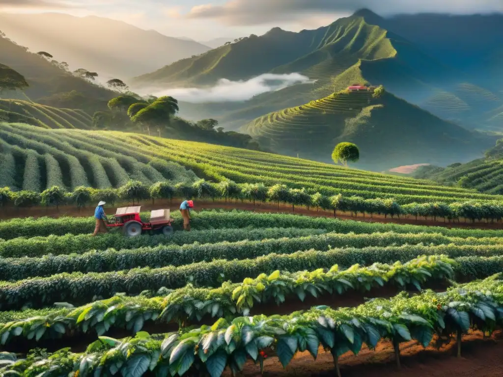 Un amanecer tranquilo en una plantación de café, con cosecha manual