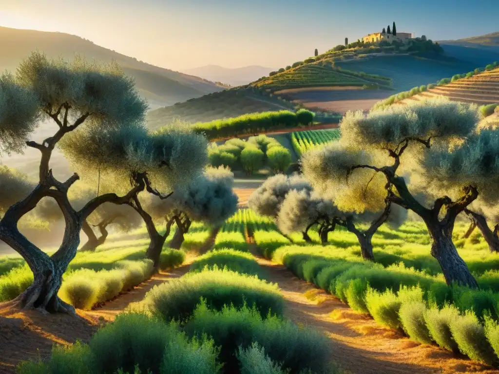 Un amanecer vibrante en un olivar pintoresco, con árboles de olivo cargados de aceitunas, bañados por la luz dorada del sol