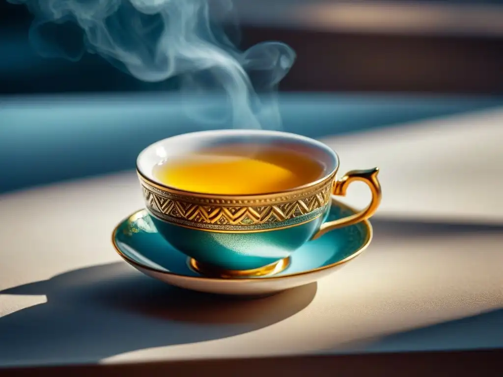 Té amarillo en taza de porcelana, detalle dorado en exclusividad y rareza