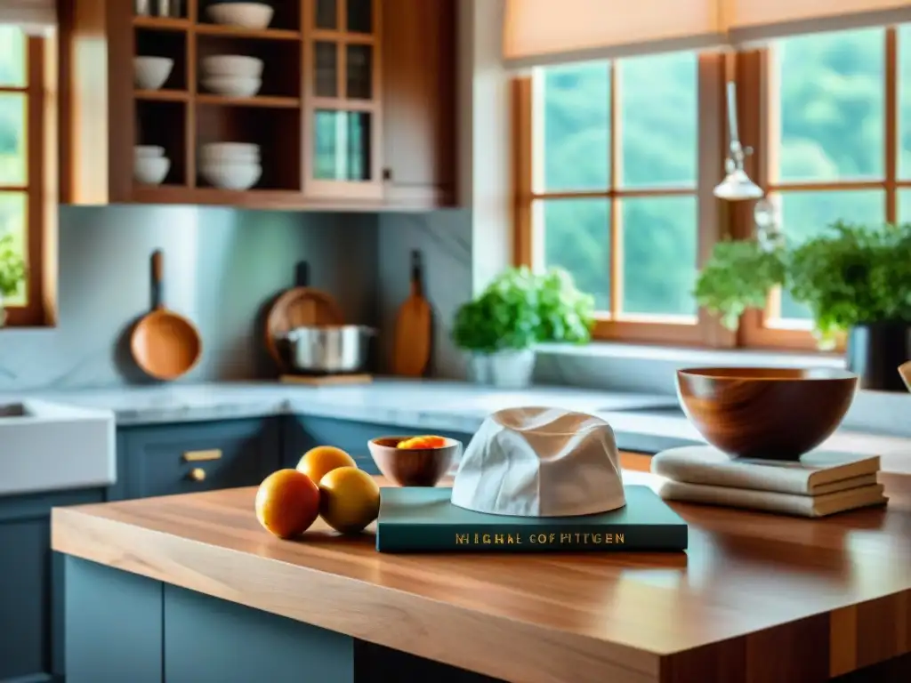 Ambiente culinario lujoso con libros cocina chefs renombrados, utensilios elegantes y mesa de madera