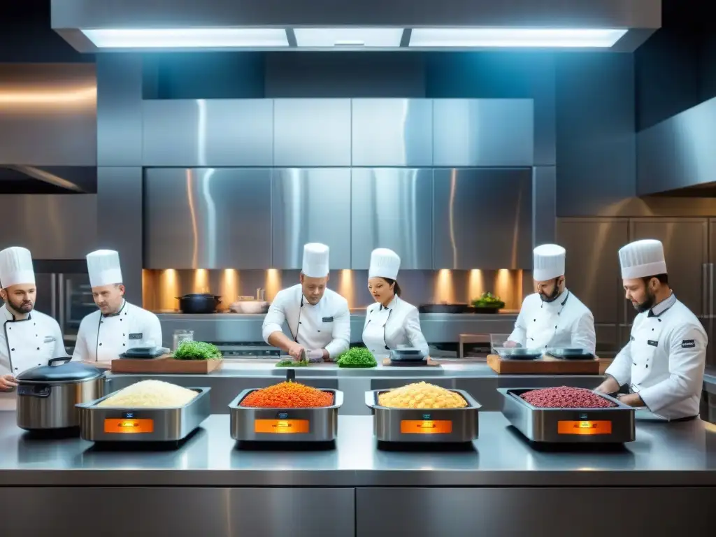 Un ambiente culinario moderno y preciso donde chefs innovan en cocina al vacío con equipos de alta tecnología