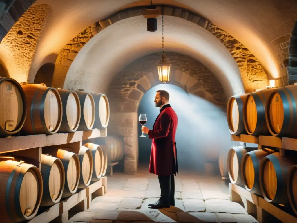 Ambiente elegante de bodega con barriles de roble envejecido, sommelier sirviendo vino tinto y paredes de piedra