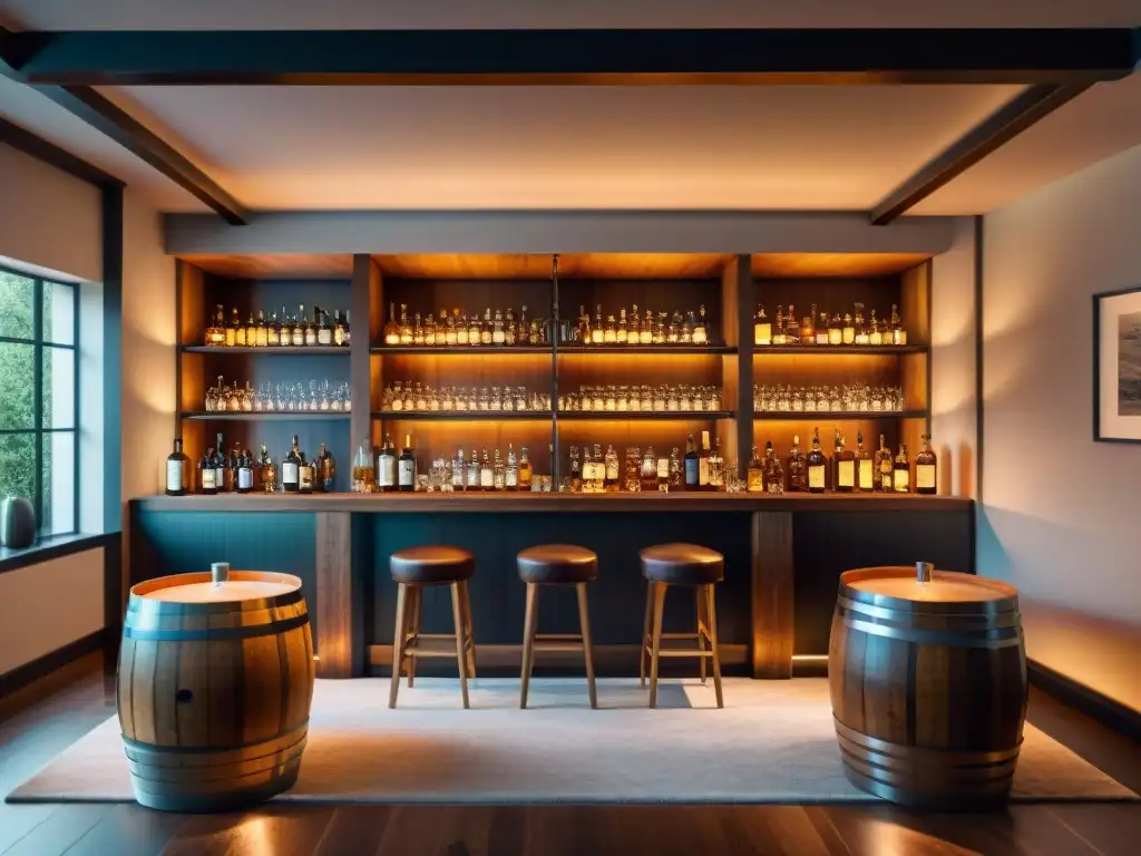 Un ambiente exclusivo de degustación de whisky con decoración detallada y elegante