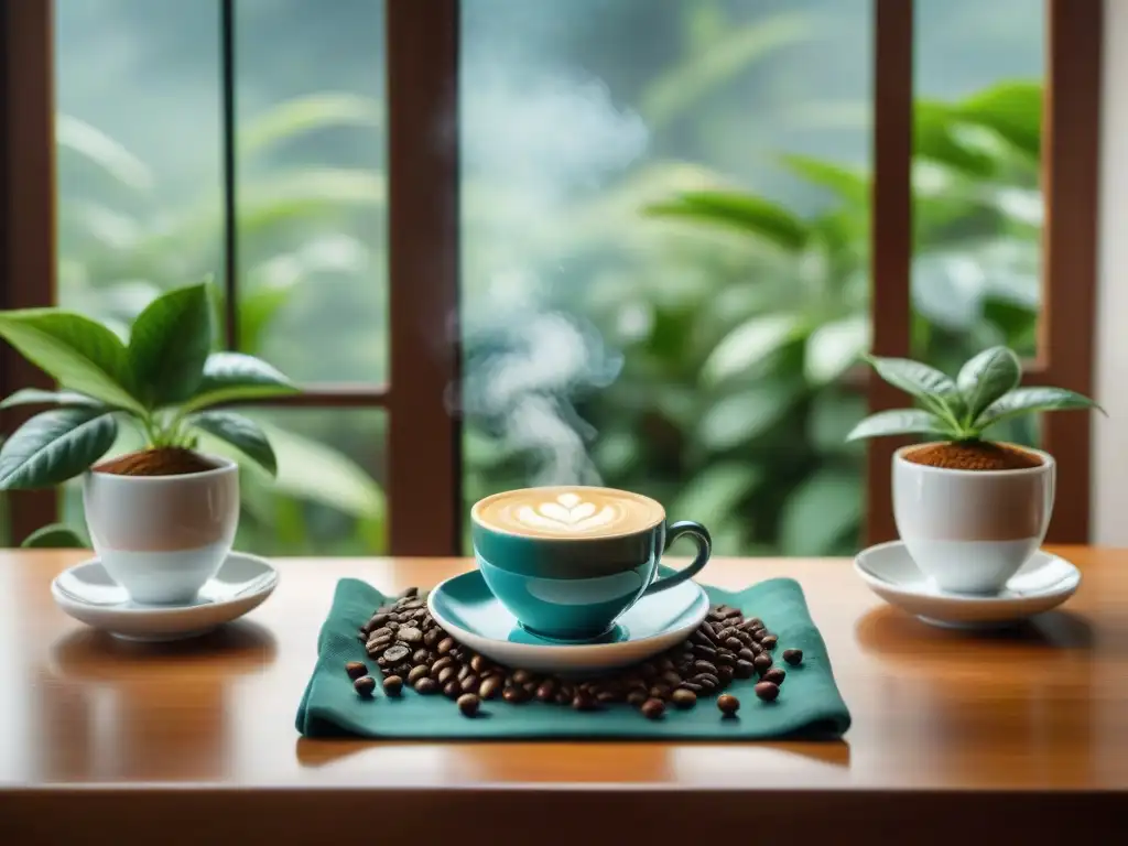 Un ambiente de lujo con café mexicano, mesa elegante y equipo de barista detallado, bañado por luz natural