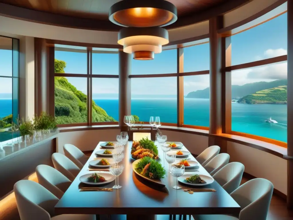 Un ambiente de lujo y exclusividad en una sala de cata privada con alimentos gourmet y una vista al mar y a la vegetación