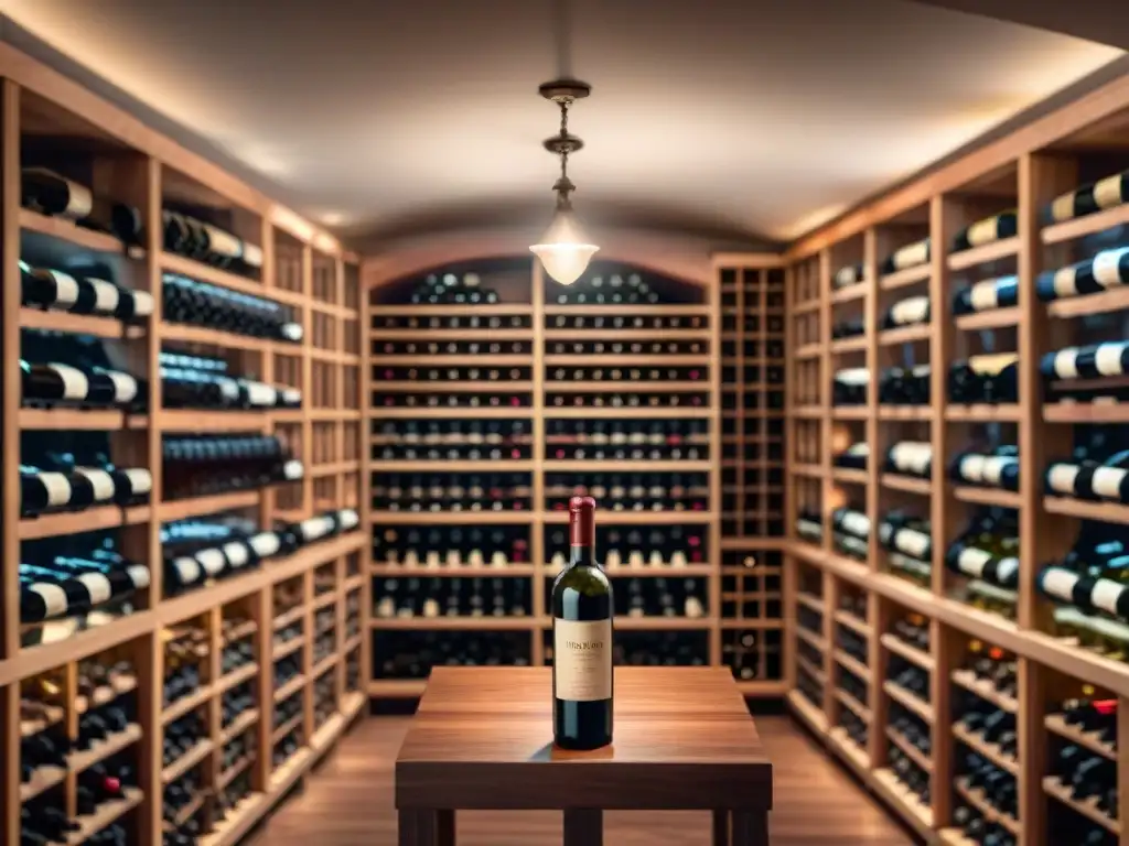 Un ambiente lujoso en una bodega de vinos, con estantes elegantes y un sumiller con una botella de vino de época