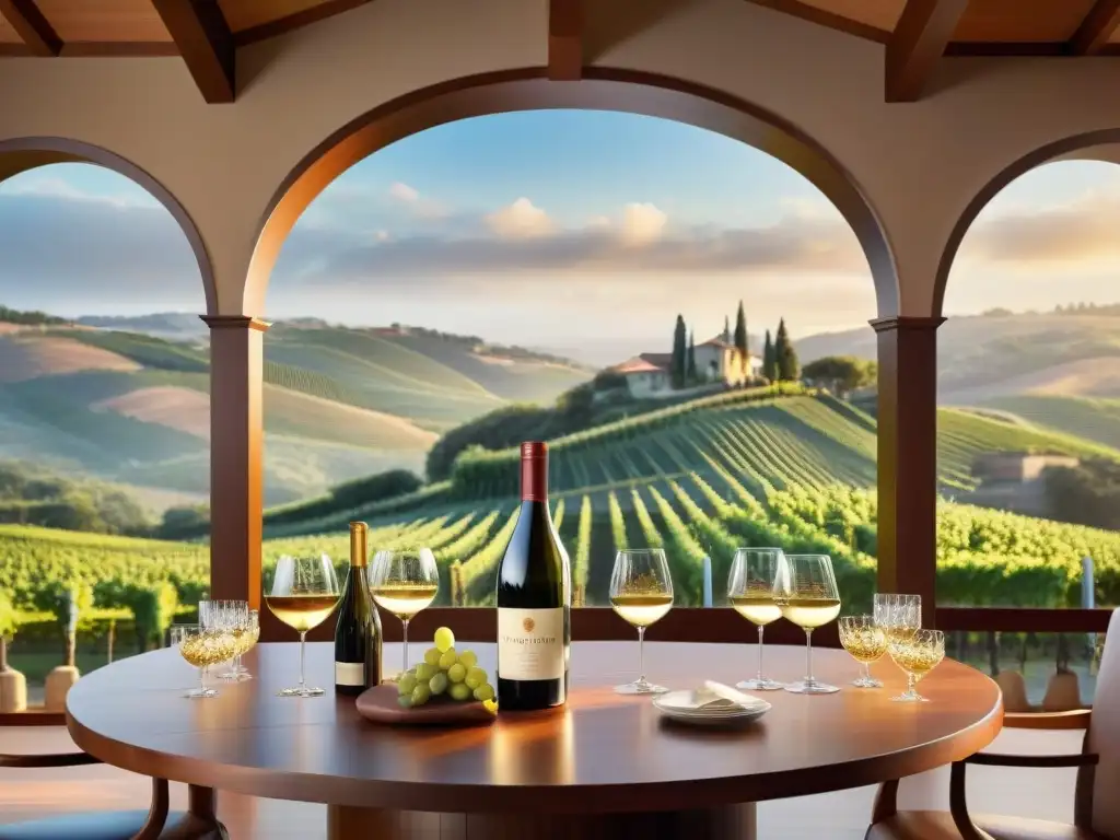 Un ambiente sofisticado en una lujosa sala de cata de vinos con detalles de lujo y viñedos al atardecer