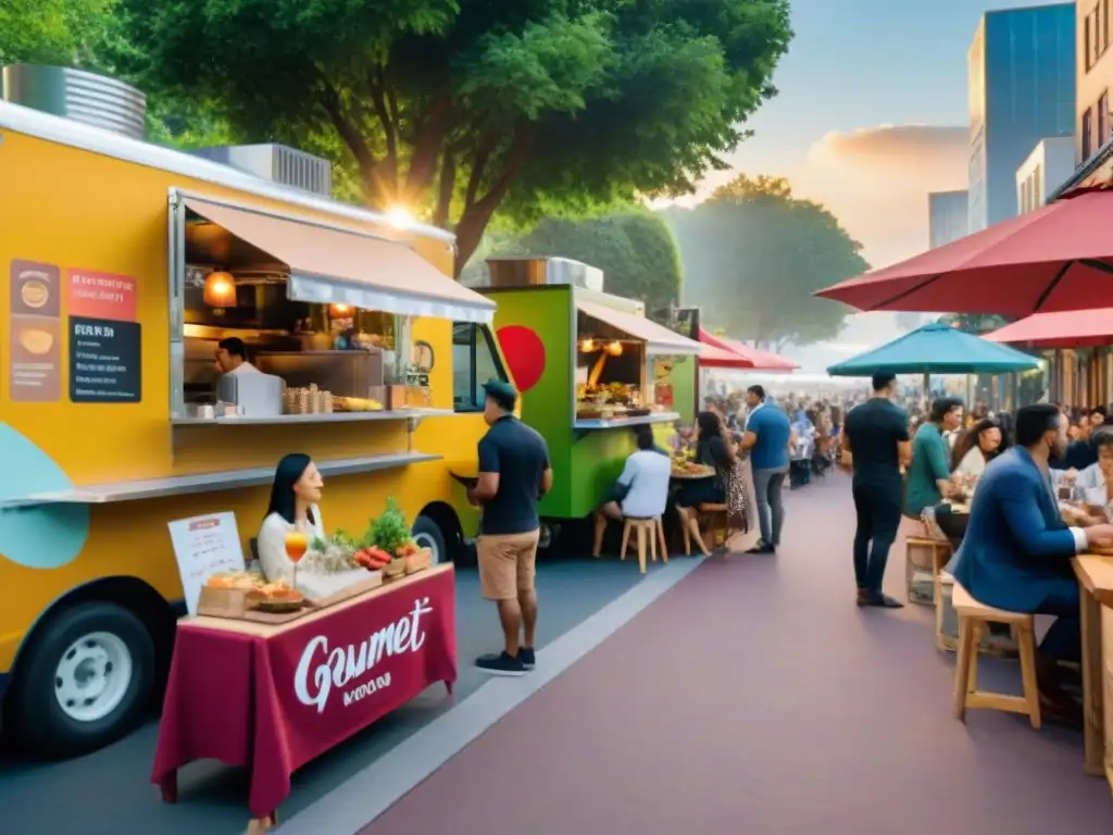 Una animada calle de la ciudad con food trucks trendy ofreciendo platos gourmet