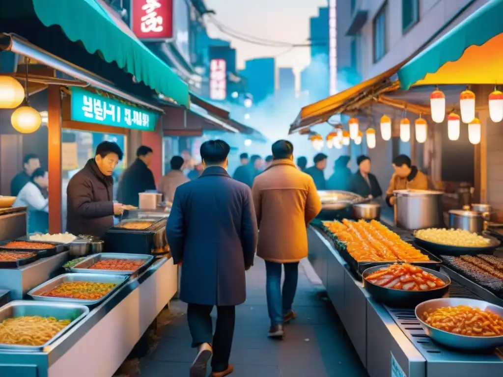 Animada calle de Seúl con puestos de comida iluminados por neones, mostrando tteokbokki, hotteok y panqueques de kimchi