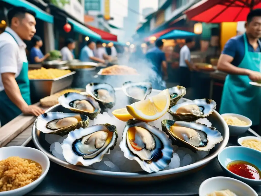 Una animada calle de Singapur con puestos de comida coloridos y ostras fritas gourmet, creando una atmósfera culinaria única