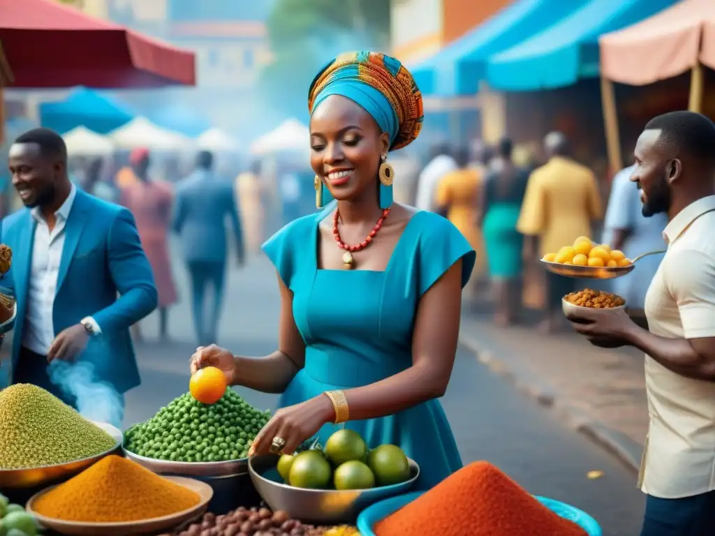 Una animada celebración de la gastronomía africana en un bullicioso mercado callejero durante una festividad tradicional