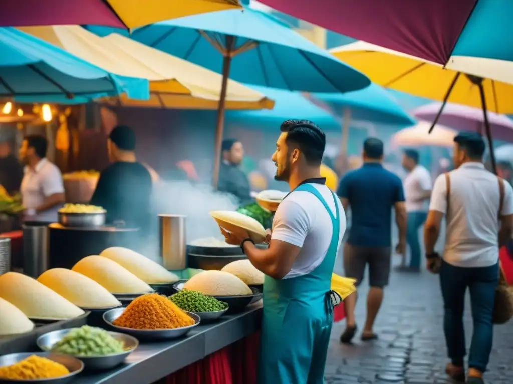 La animada cultura de comida callejera en América Latina: vendedores, sabores tradicionales y música de mariachi bajo sombrillas vibrantes