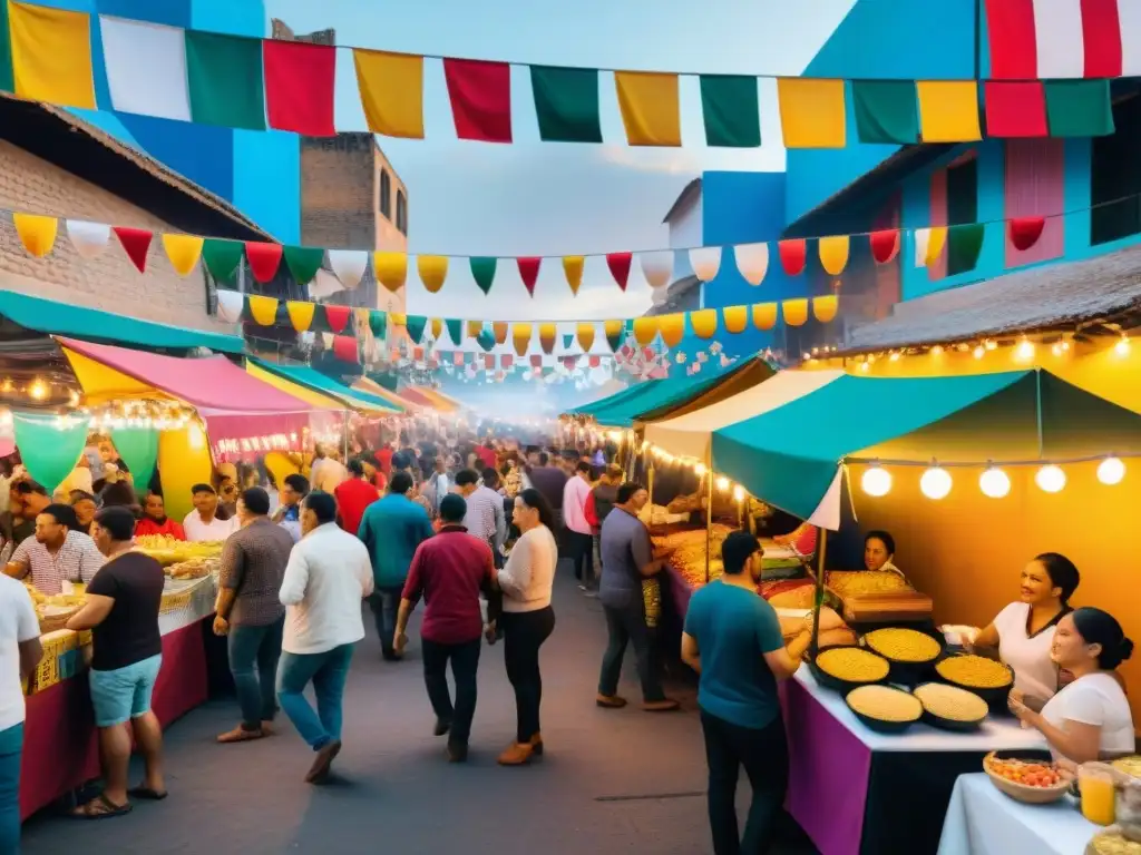 Una animada escena de festival de comida callejera latinoamericana con vendedores y multitudes disfrutando de arepas, tacos y vinos