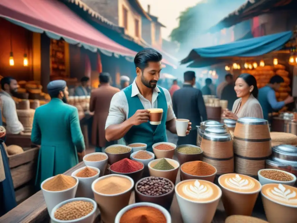 Una animada escena de mercado antiguo donde el café unió civilizaciones gourmet