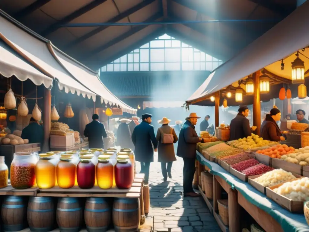 Una animada feria antigua con vendedores de alimentos fermentados de diversas culturas, resaltando la historia de la fermentación en gastronomía