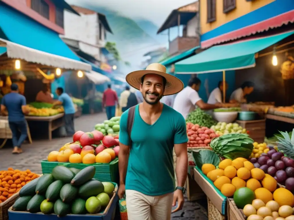 Una animada feria de comida callejera sostenible en América Latina, con frutas frescas, ingredientes locales y empaques ecológicos