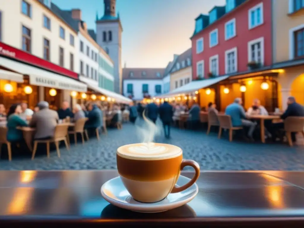 Un animado café al aire libre en una bulliciosa plaza de ciudad: mezcla de historia y modernidad reflejan la Importancia del café en ciudades