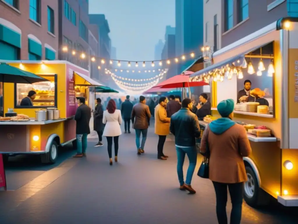 Un animado escenario urbano con food trucks coloridos ofreciendo deliciosos platillos en un barrio gourmet