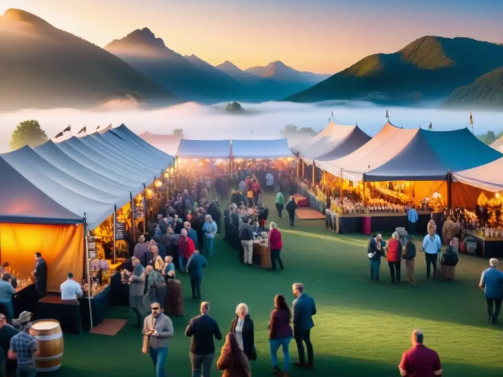 Un animado festival de cerveza con tradición e innovación: coloridos puestos, gente emocionada probando cervezas bajo un cálido atardecer