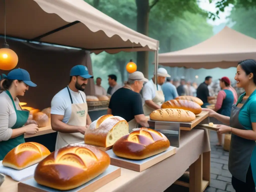 En un animado festival de panadería artesanal, los clientes disfrutan de deliciosos panes y pasteles bajo coloridos toldos