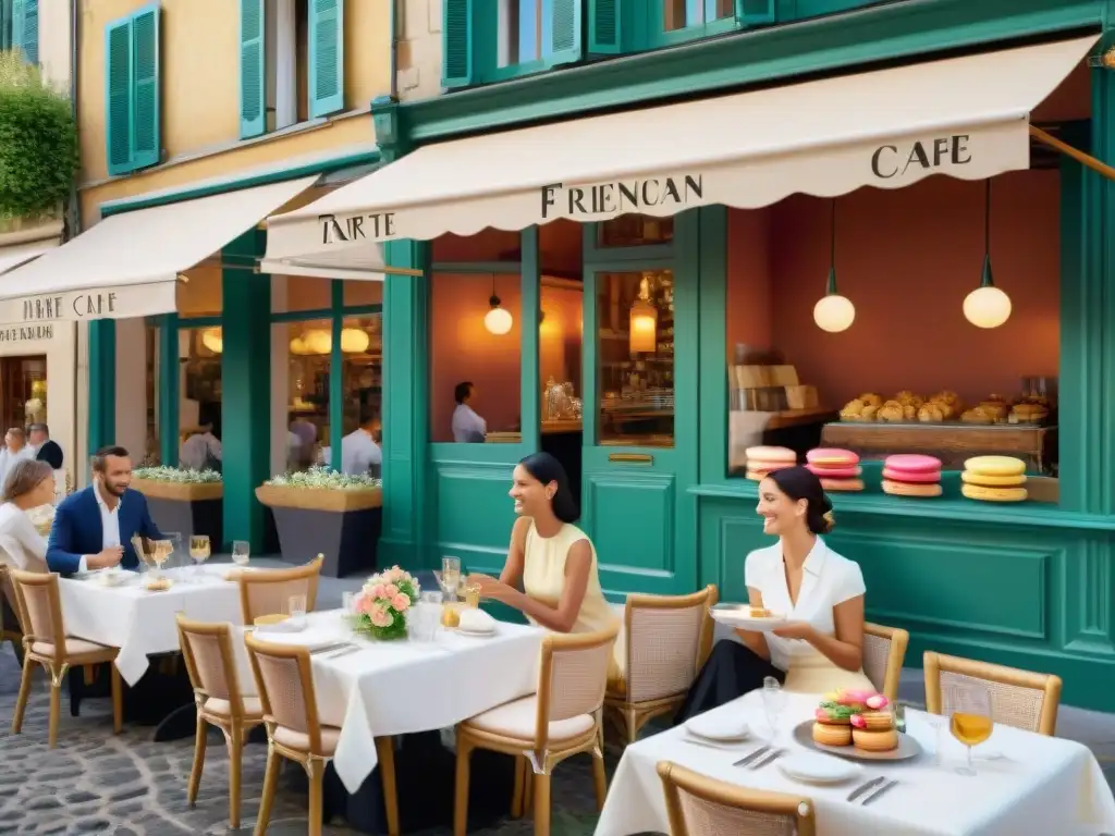 Un animado café francés en verano con Tarte Tropézienne, elegantes comensales y detalles exquisitos