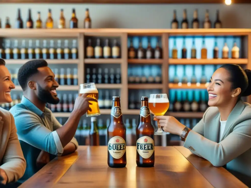 Un animado grupo disfruta de cervezas artesanales en un bar acogedor, reflejando la revolución de sabores gourmet