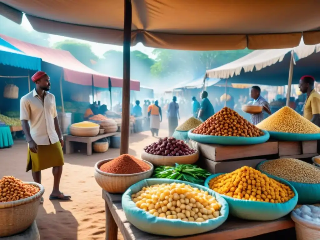 Mercado vibrante de África: colores y sabores auténticos Un animado mercado africano con alimentos básicos culturales en vibrantes colores y vendedores locales en un ambiente auténtico y dinámico
