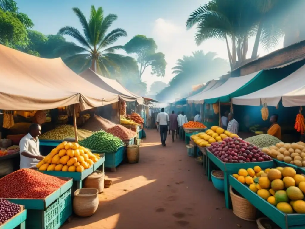 Un animado mercado africano con coloridos puestos rebosantes de frutas, especias y delicias locales