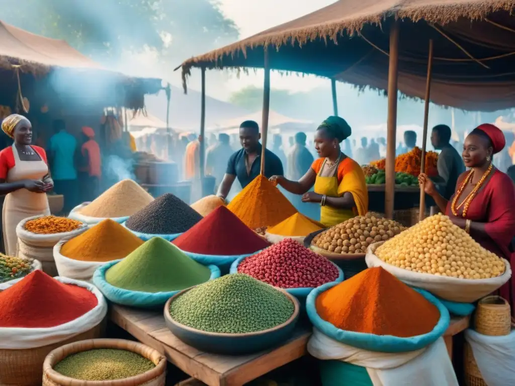 Un animado mercado africano con especias, frutas y utensilios de cocina, reflejando la esencia culinaria del continente