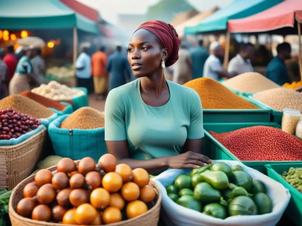 Animado mercado africano con puestos coloridos de alimentos frescos y especias