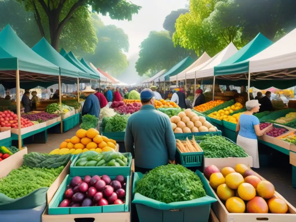 Un animado mercado de agricultores rebosante de vida y color, con platos con ingredientes frescos locales