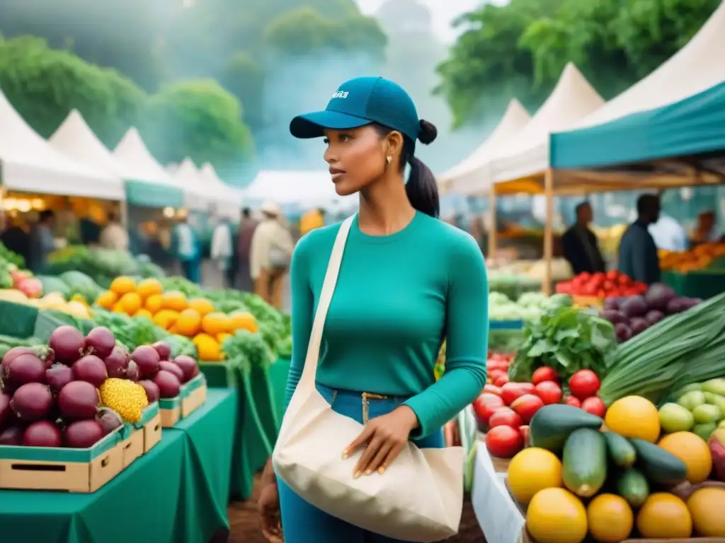 Un animado mercado agrícola con alimentos transgénicos y orgánicos, promoviendo la sostenibilidad y armonía entre villanos y héroes alimentarios