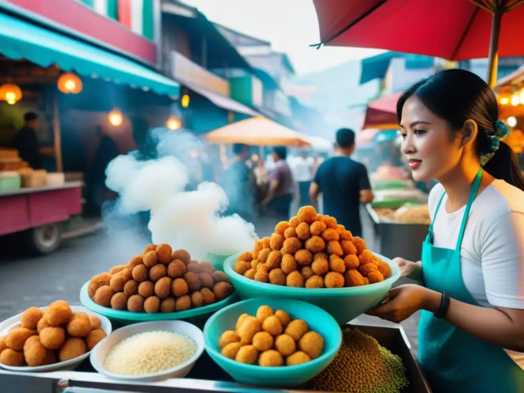 Animado mercado callejero filipino con vendedor de Mejor Kwek Kwek filipino sabor