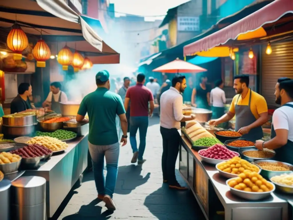 Animado mercado de comida callejera en ciudad latinoamericana con puestos coloridos y bebidas artesanales, gente disfrutando