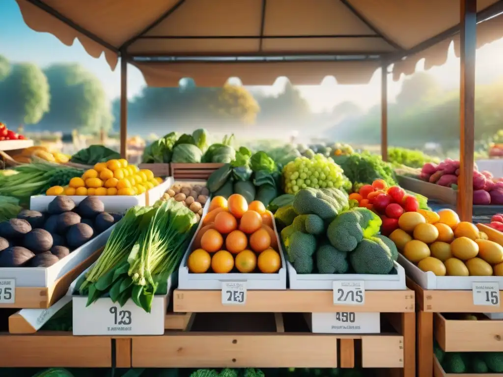 Un animado mercado agrícola con frutas y verduras coloridas en puestos de madera