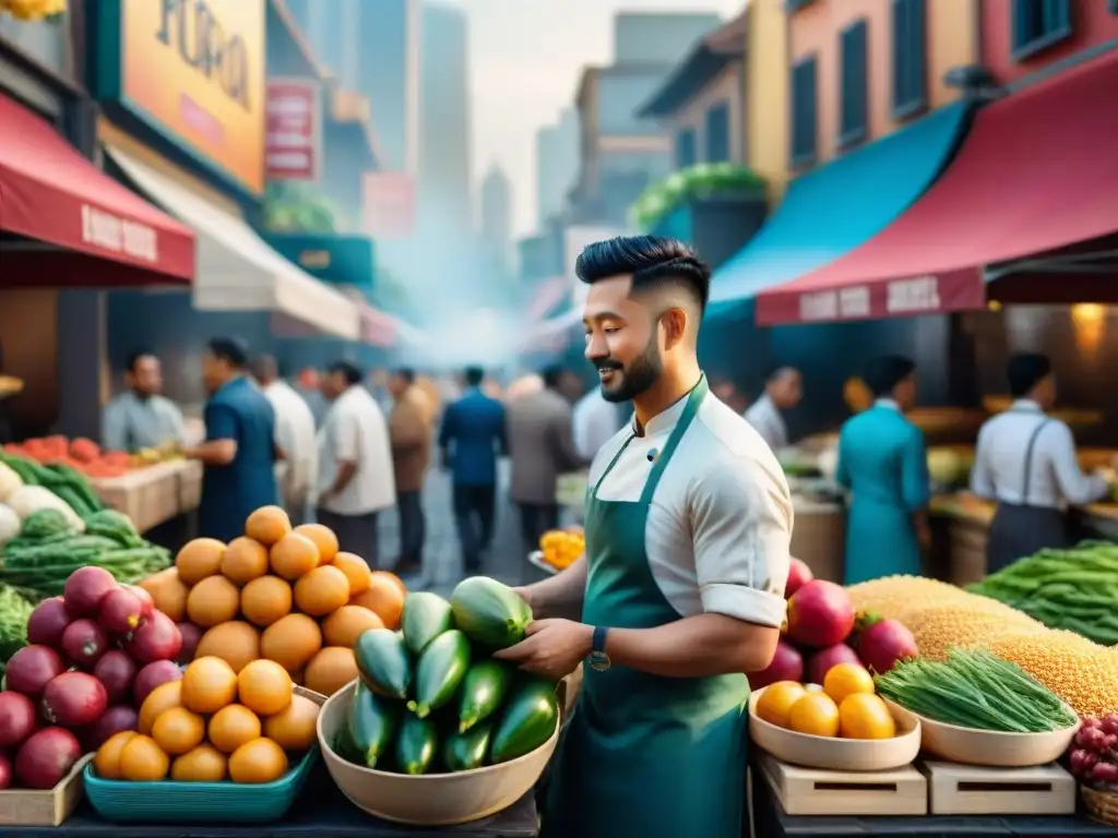 Un animado mercado gastronómico con variados puestos de comida y clientes interactuando con chefs apasionados