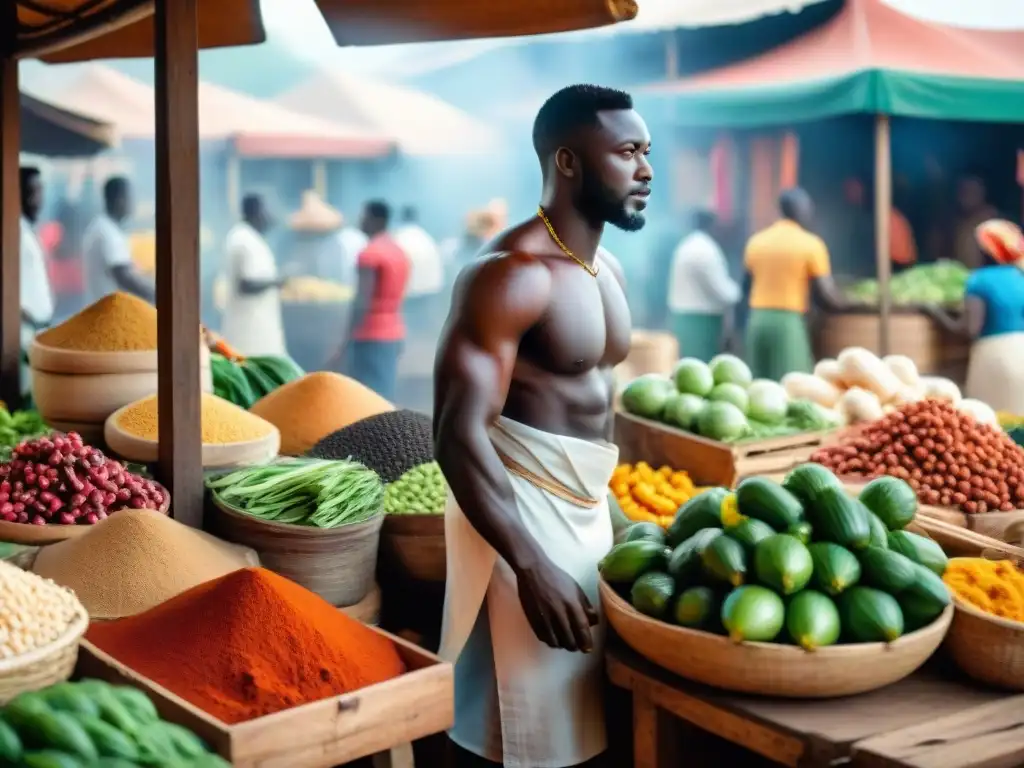 Un animado mercado ghanés rebosante de productos frescos y coloridas especias, reflejando la rica cultura culinaria de Ghana