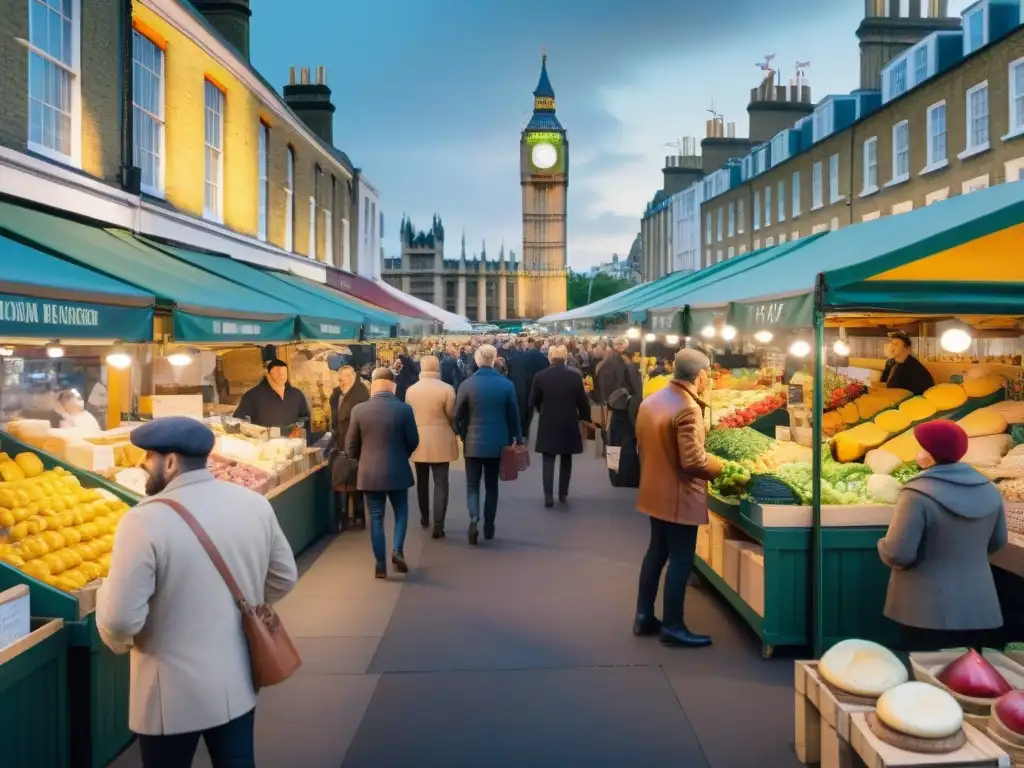 Animado mercado gourmet en Londres con coloridos puestos de comida y turistas