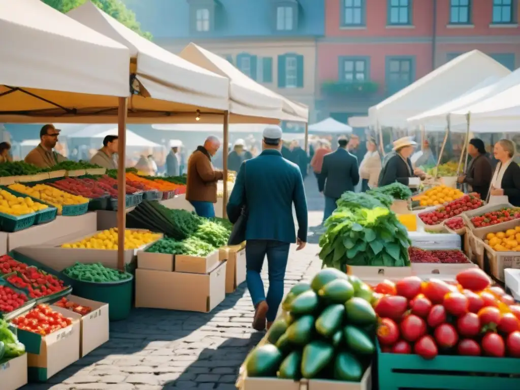 Un animado mercado de granjeros con productos frescos y coloridos, compradores entusiastas y una atmósfera comunitaria